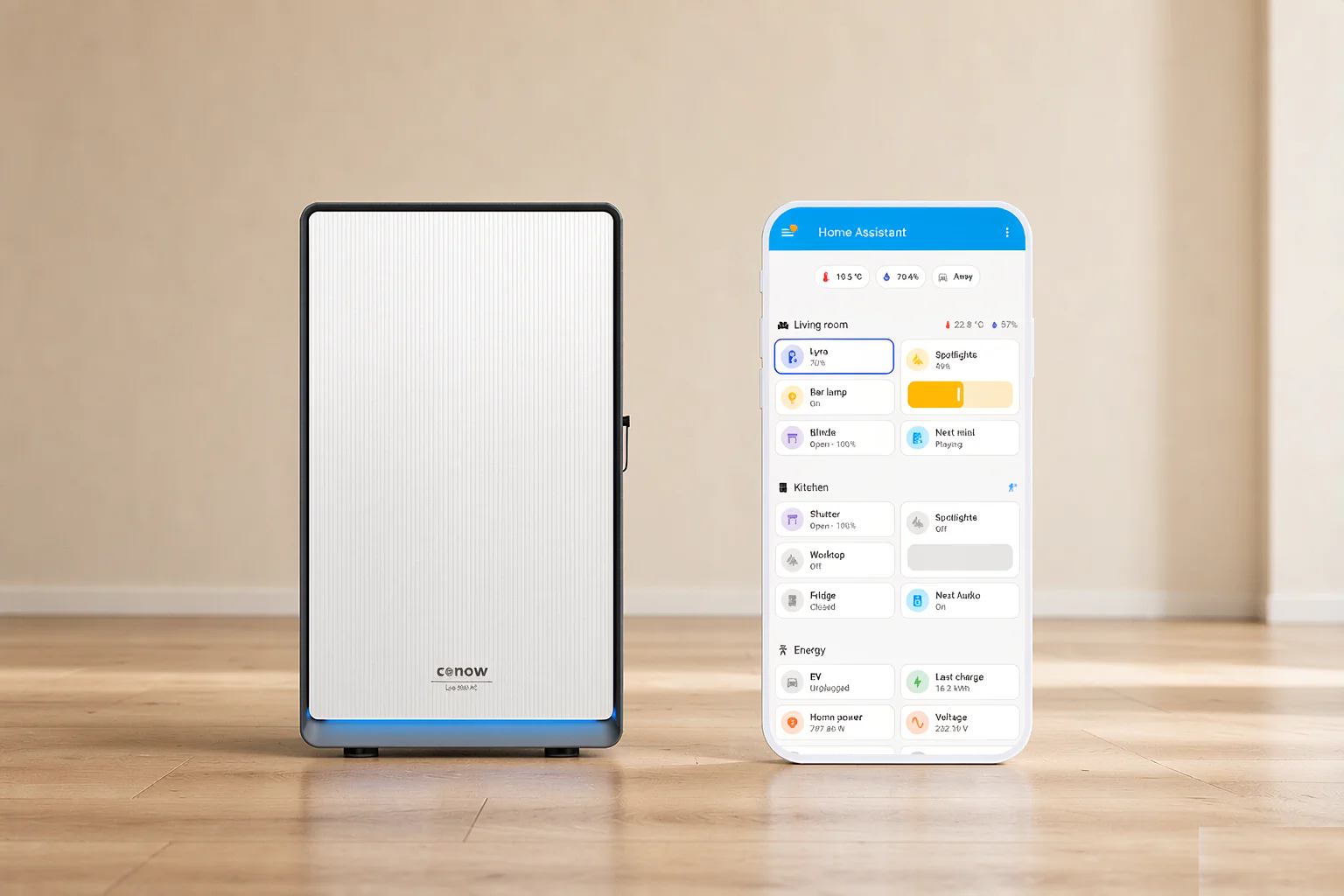 Conow CBE 8000 AC home battery standing next to a smartphone showing the Home Assistant dashboard