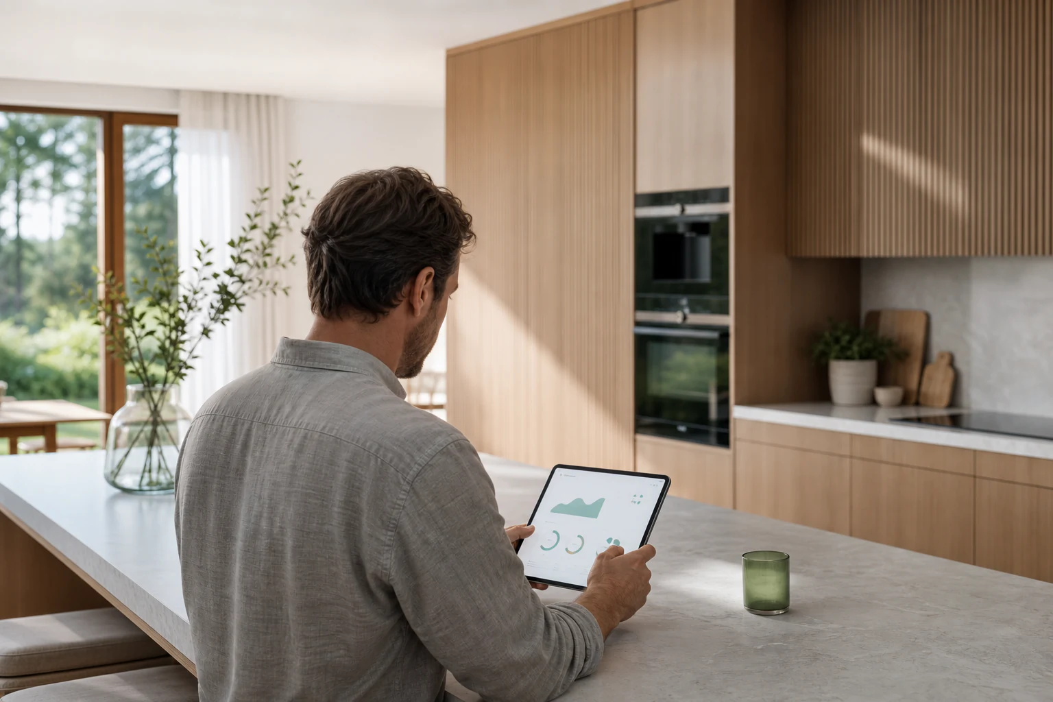 Morning energy check on a tablet in a contemporary kitchen