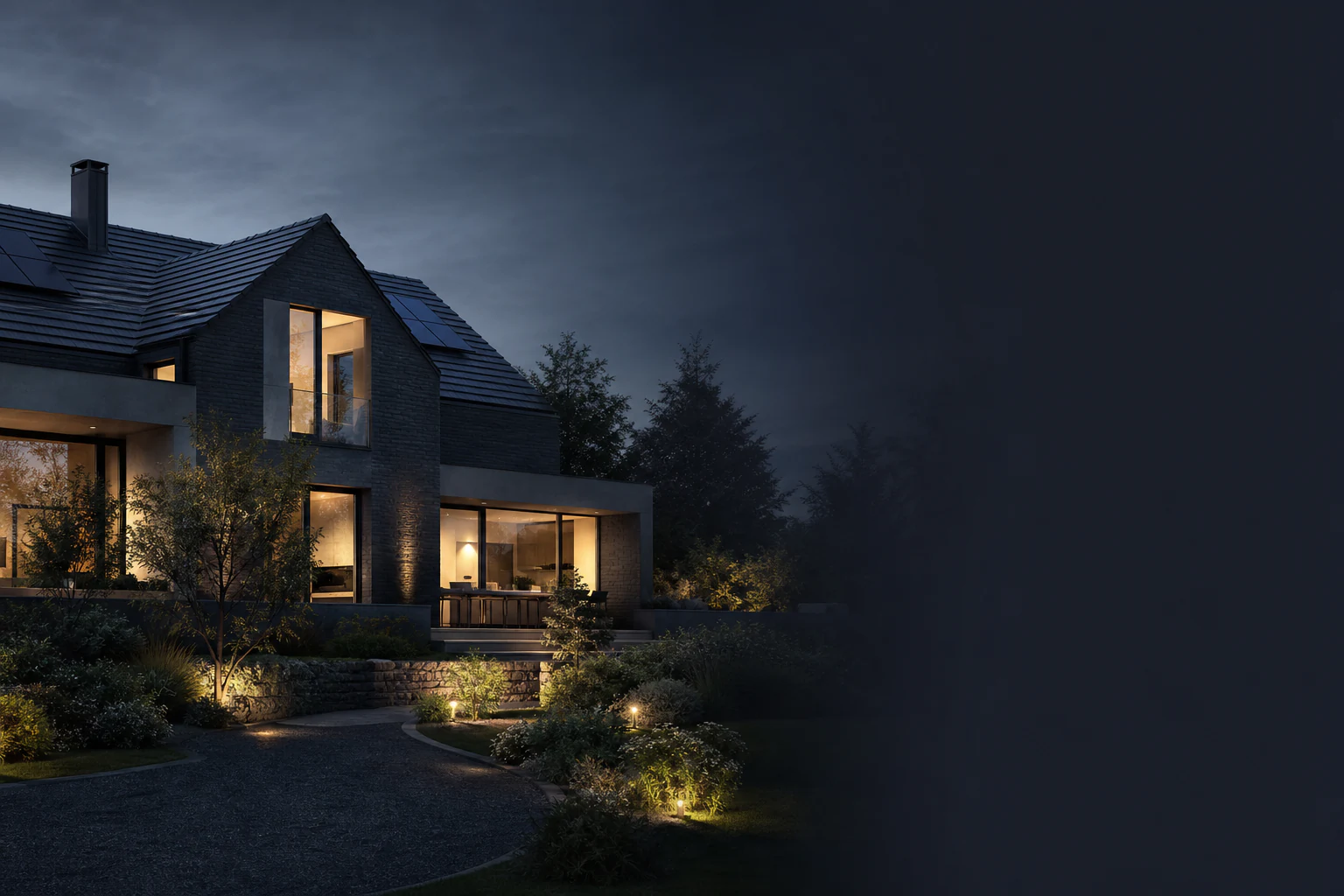 Solar-powered European home at dusk