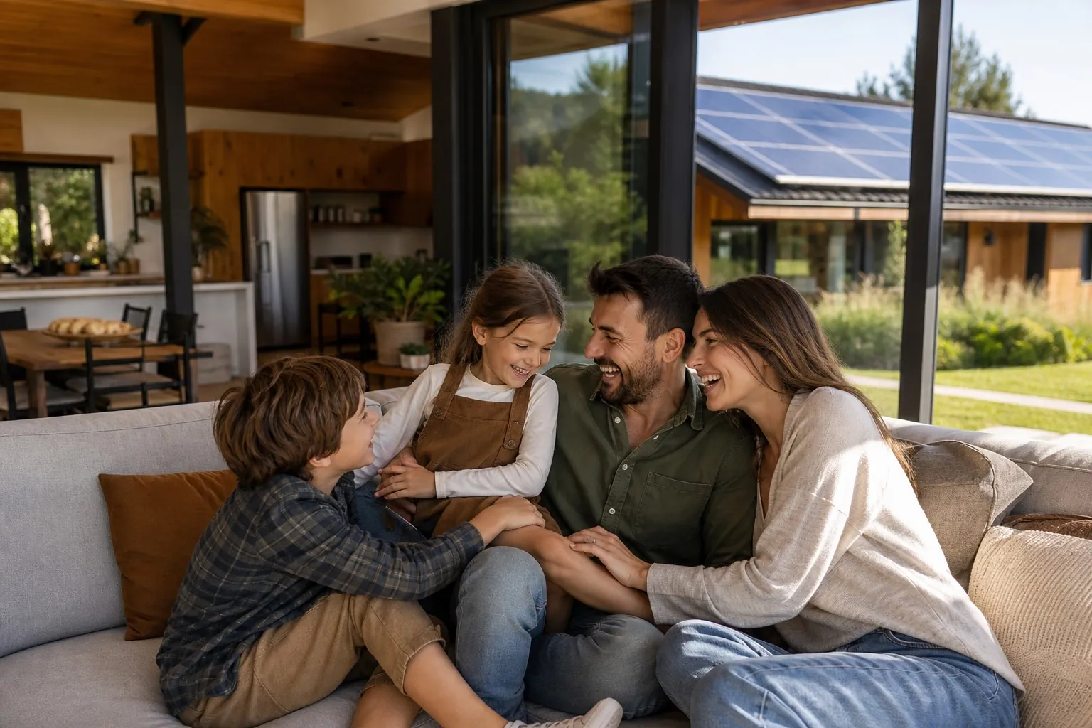 Family relaxing at home with rooftop solar