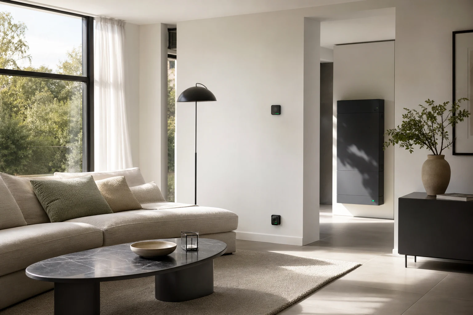 A calm modern living room connected to Conow home energy storage