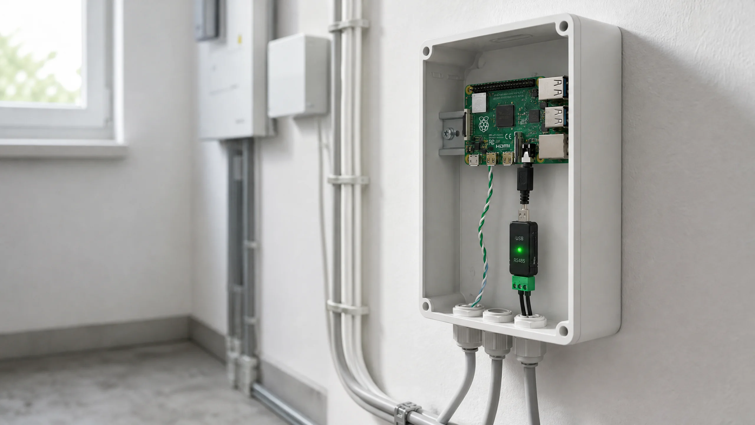 Raspberry Pi with RS-485 adapter in home technical room