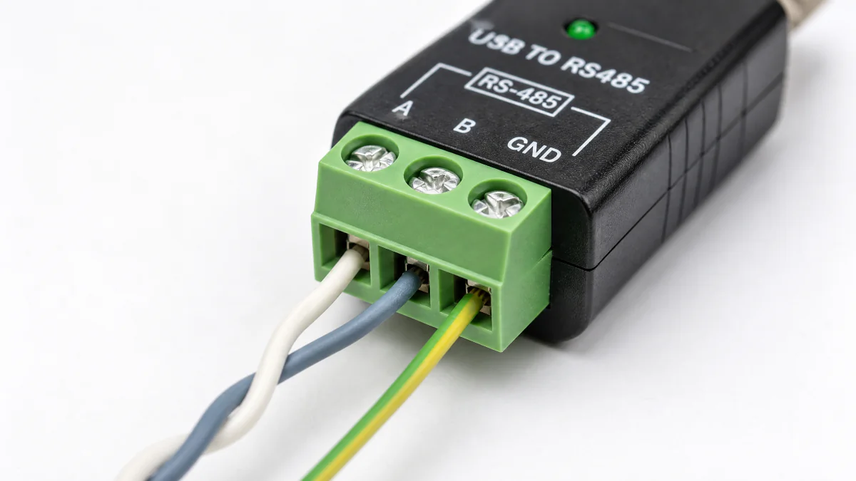 USB-to-RS485 adapter with A, B, GND terminal block wiring